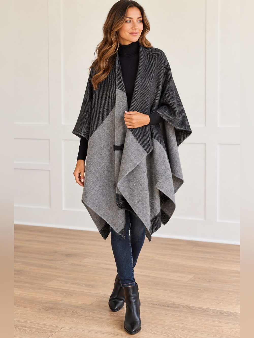 World Market Gray Black Colorblock Acrylic Poncho Cape Wrap One Size